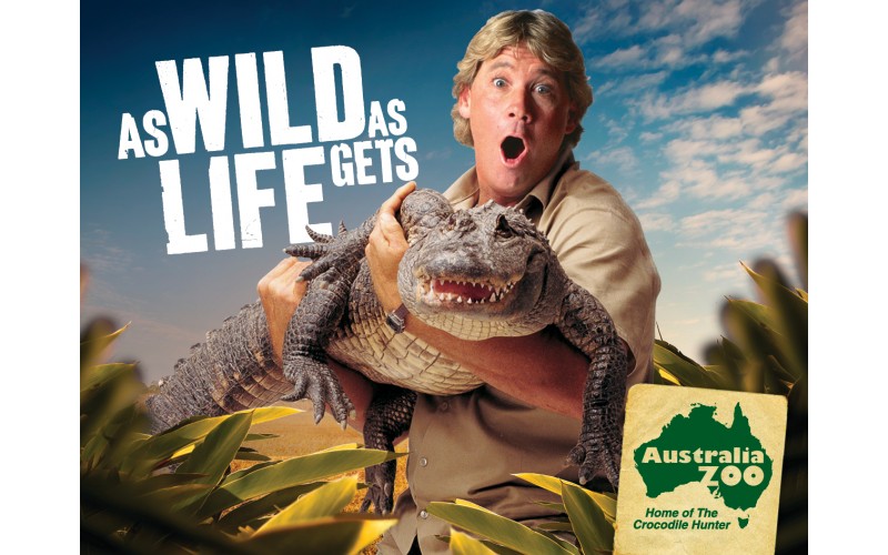 Reclame Australia Zoo: "As wild as life gets"; Steve Irwin met krokodil in de armen