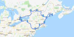 Kaart roadtrip door New York, New England en Quebec en Ontario in Canada