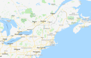 Kaart New England, New York en Quebec en Ontario in Canada