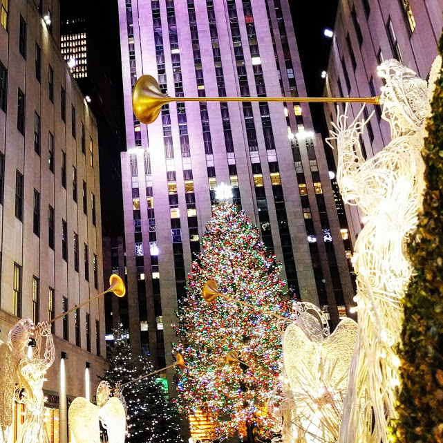 Rockeffeler kerstboom 2016, foto genomen vanuit de 'Channel gardens'