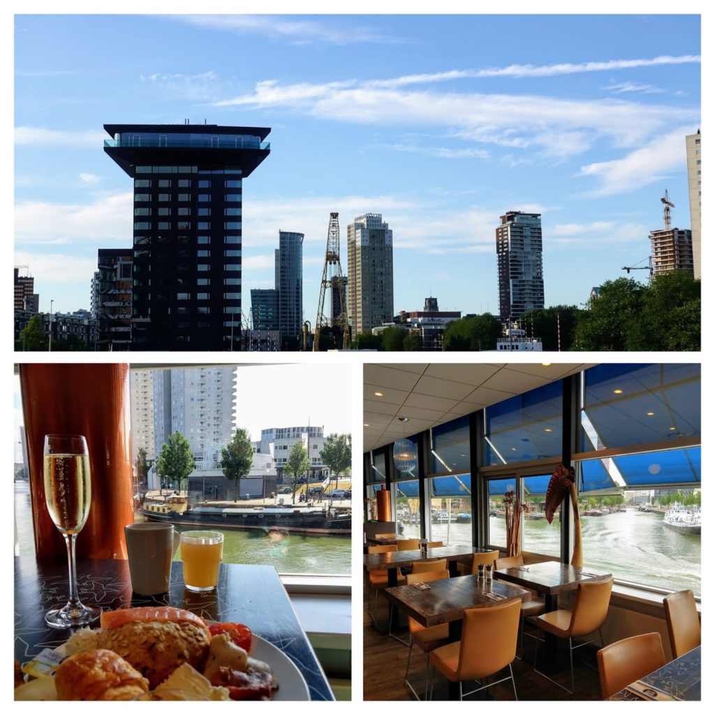 Hotel in Rotterdam aan de oevers van de Nieuwe Maas en zicht op de Leuvehaven.