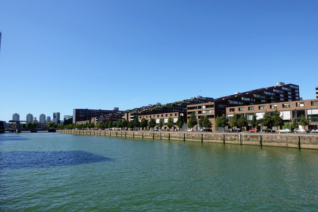 Spoorweghaven in Rotterdam met residenties en schuine daken met groene dakterrassen