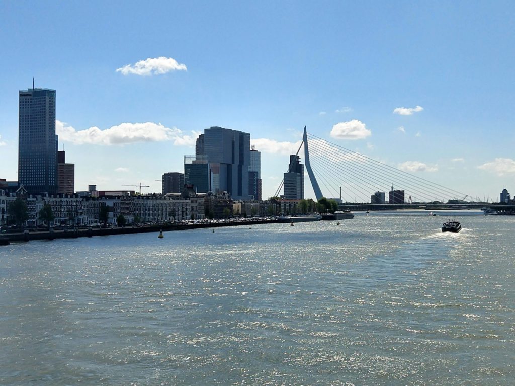 Zicht op het water, de Nieuwe Maas in Rotterdam en Kop van Zuid, Wilhelminapapier en Erasmusbrug