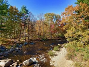 Rivier en bomen met mooie herfstkleuren tijdens een herfstrit in Noord-Amerika