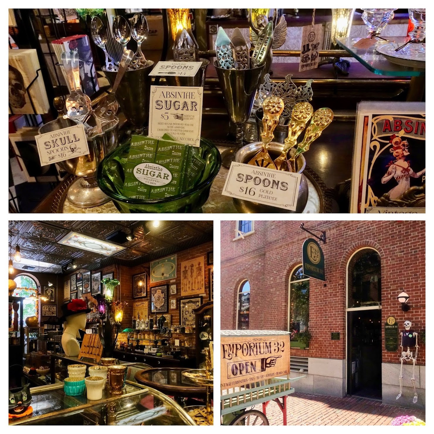 Emporium 32 in Salem met vintage spullen zoals oude hoeden, juwelen, posters en absinthe-lepels