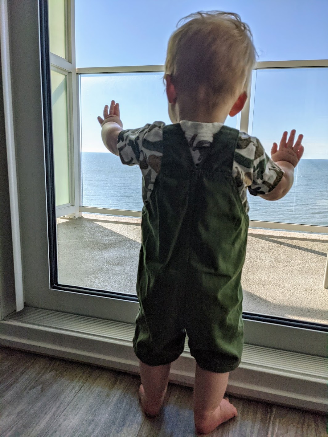 Baby boy, uitkijkend over de oceaan in Myrtle Beach, South Carolina