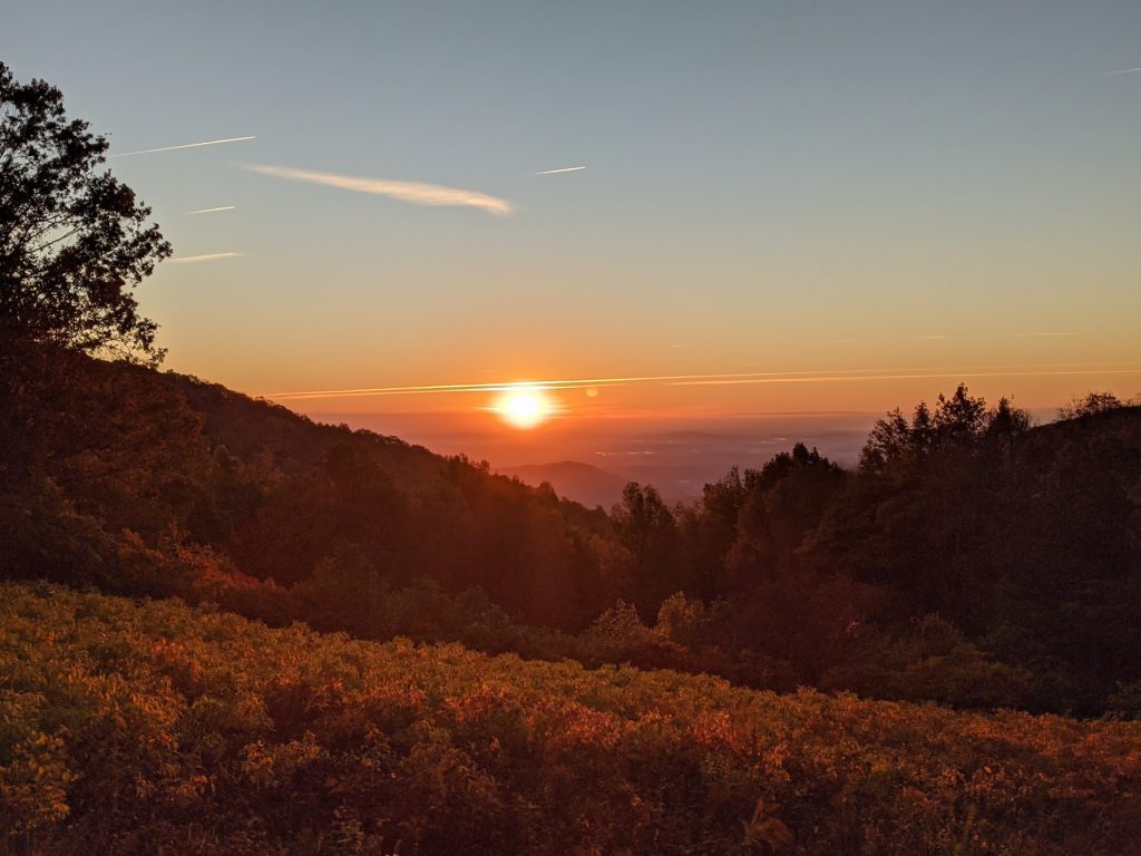 Zonsopgang in een vallei met bomen, struiken en bergen op de voorgrond