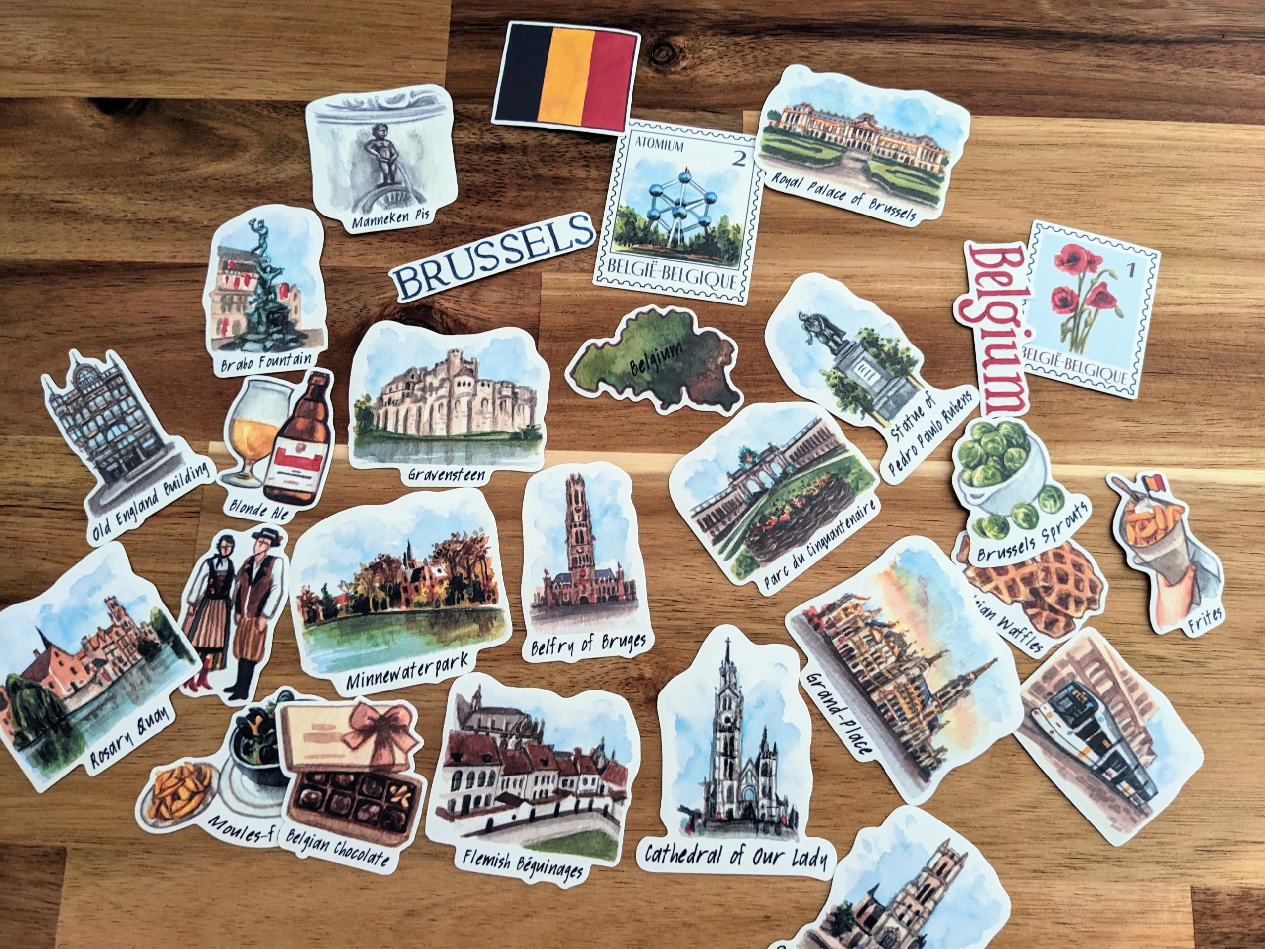 stickers België, waterverf tekeningen Manneke Pis, frietjes, Belgische vlag, Sint-Baafskathedraal, Grote Markt Brussel, Antwerpen, Gent, Brugge, Bier, wafels